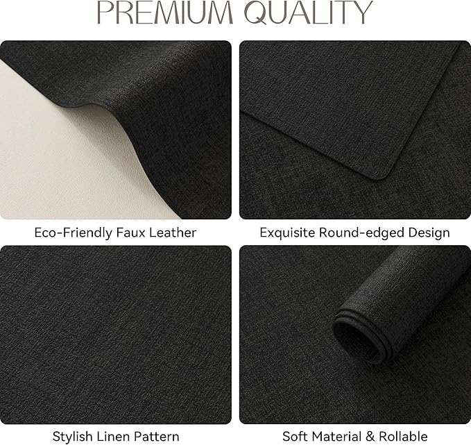 Romanstile Vinyl Placemats Set of 4-12 X 17 Inch - Heat Resistant Place Mats 100% Waterproof Oilproof Wipeable Reversible Faux Leather Table Mats for Kitchen, Dining, Party, Outdoor, Black