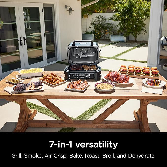 Ninja OG951 Woodfire Pro Connect Premium XL Outdoor Grill & Smoker, Bluetooth, App Enabled, 7-in-1 Master Grill, BBQ Smoker, Outdoor Air Fryer, Woodfire Technology, 2 Built-In Thermometers, Black/Blue