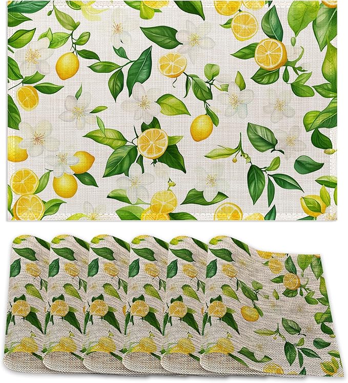 Placemats12x18 Inch,Lemons Flower Placemats,Green Leaf Kitchen Dining Coffee Table Mats Set of 6 for Home Indoor Outdoor Party