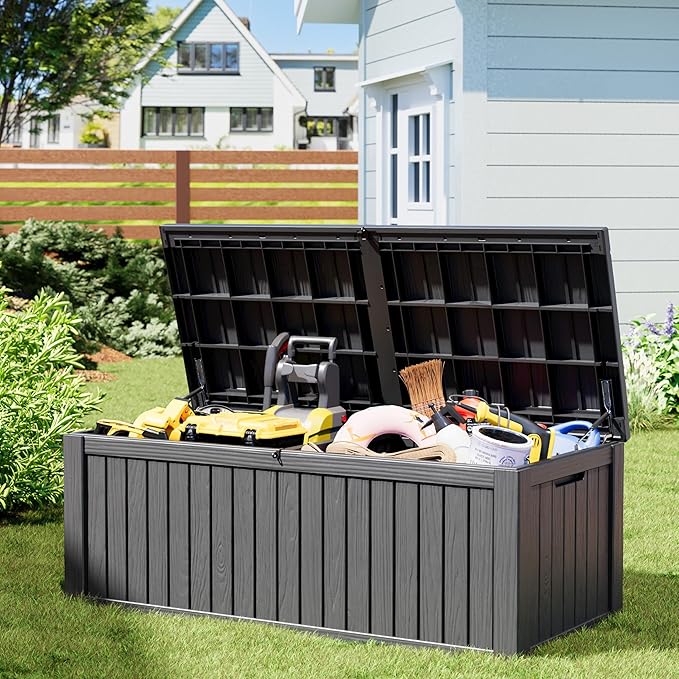NUNU LAB 220 Gallon Outdoor Storage Box Waterproof, Outside Package Delivery Deck Boxes with Lockable Lid, Backyard Storage Bin For Garden Tools, Patio Cushions, Black