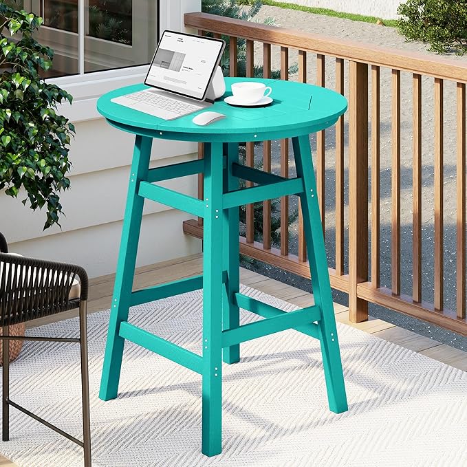 Costaelm Patio Bistro Table, 42" Counter Height Round Patio Cocktail Bar Table with Umbrella Hole, Outdoor Bistro Dining Pub Table for Front Porch Deck Backyard Garden, Turquoise
