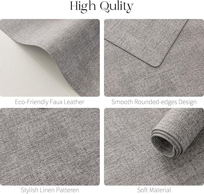 MOSAYT Faux Leather Placemats Set of 12-12 x 18 Inch - Heat Resistant Vinyl Place Mats with Coasters, Wipeable Washable Waterproof Oil Proof Table Mats for Kitchen Dining Indoor Outdoor, Light Grey