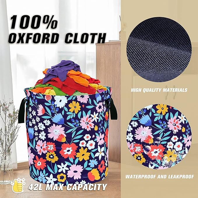 Folk Floral Art Laundry Basket Beautiful Flowers Foldable Oxford Cloth Funny Tote Bag Laundry Hamper Clothes Storage Bucket Organizer For Bathroom/Laundry Storage/Bedroom 17.7x13.7 Inch