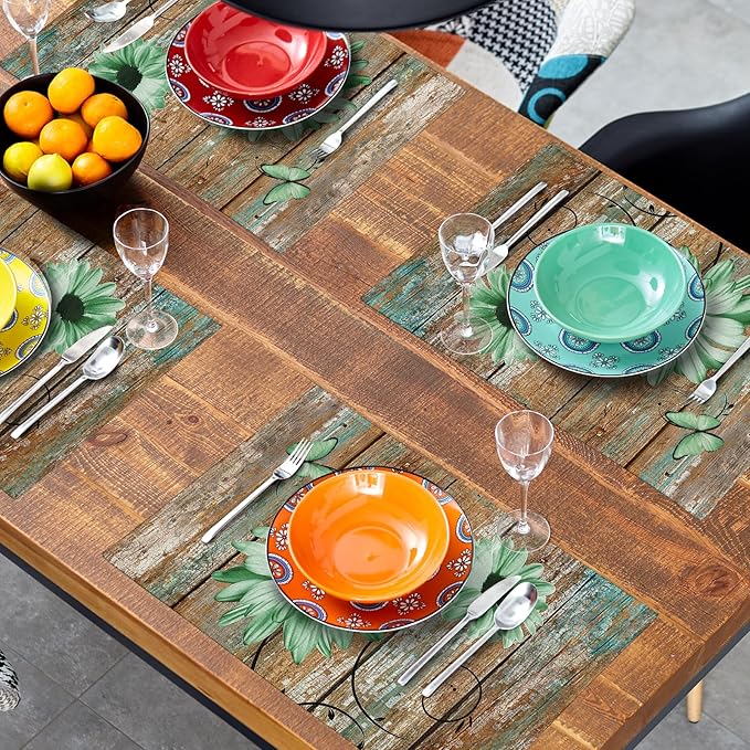 Giwawa Rustic Daisy Placemats Set of 4- Green Sunflowers on Vintage Wood Board Linen Place Mat- Farmhouse Wooden Non Slip Heat Resistant Table Mats for Dining Kitchen Cabin Lodge Decor