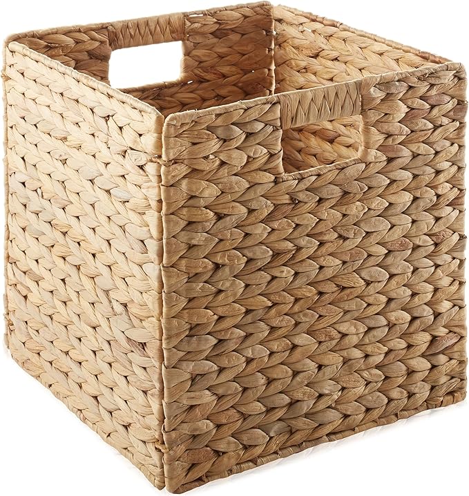 Casafield 13" x 13" Water Hyacinth Storage Baskets, Natural - Set of 2 Collapsible Cube Organizers, Woven Bins for Bathroom, Bedroom, Laundry, Pantry, Shelves