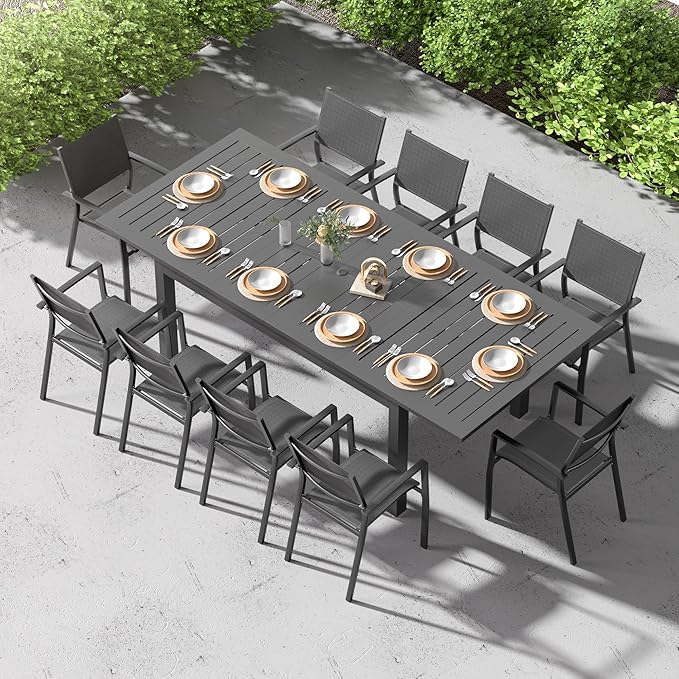 Expandable Aluminum Outdoor Dining Table, 3-Adjustable Lengths Patio Dining Table for 6-10 Person, 91.7" L x 33.5" W Metal Patio Table with Umbrella Hole Adjustable Feet for Garden Porch Deck, Grey