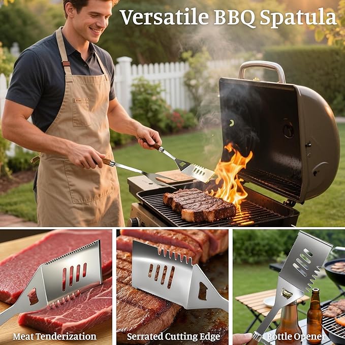 BBQ Grill Tools Set, Stainless Steel Grilling Set with Storage Bag, Spatula, Fork, Cleaning Brush BBQ Accessories, Grill Accessories for Outdoor Cooking Camping, Grilling Gifts for Men
