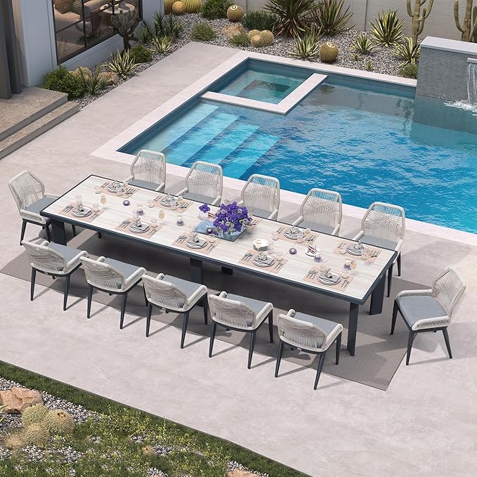 PURPLE LEAF 13 Pieces Patio Dining Set Aluminum Rectangular Table and Wicker Chairs with Cushions for Kitchen Porch Garden Modern Outdoor Furniture Sets, Beige and Dark Grey