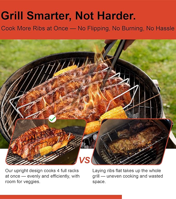 Rib Rack for Smoking – Foldable Extra Long Stainless Steel Rib Holder for 4 Ribs Upright – Fits 18" Smoker, Weber, Kamado, Traeger – BBQ Grill Accessories for Men & Meat Lovers