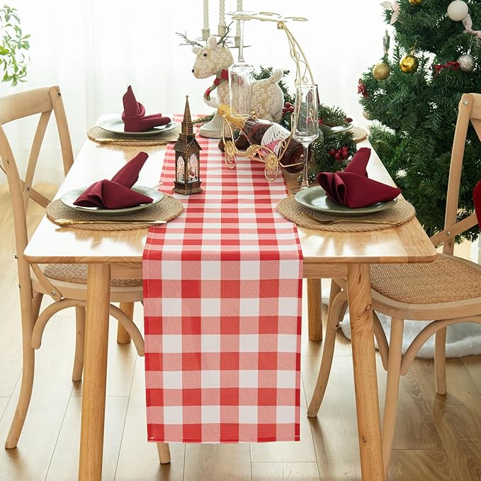 Waterproof Checkered Tablecloth Runner Fabric - Rectangle 12x108 Inch Classic Gingham Buffalo Plaid Table Cloth for Indoor/Outdoor Use - Table Cover for Kitchen, BBQs, and Parties