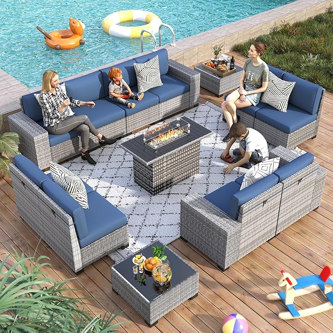 13 Piece Patio Furniture Set with Fire Pit Table, Outdoor Conversation Sets Grey Wicker Rattan Sectional Sofa, 4'' Thickened Cushion Navy Blue (Include Waterproof Cover)