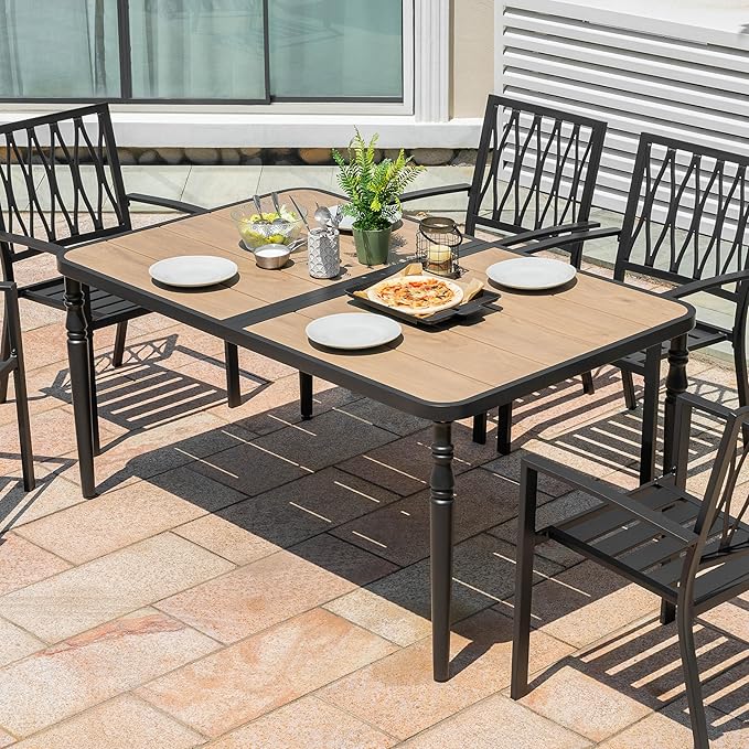 NUU GARDEN Patio Dining Table for 6, 61” x 37” Large Rectangle Metal Table with Wood-Grain Tabletop, Outdoor Table with 2.1” Umbrella Hole for Backyard, Lawn, Garden, Black