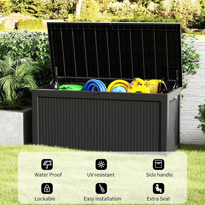 320 Gallon Deck Box, Resin Outdoor Indoor Waterproof Storage Box, Lockable Storage Box With Handle for Patio Furniture - Garden Tools - Swimming Pool Tools UV-Resistant - Black (320)