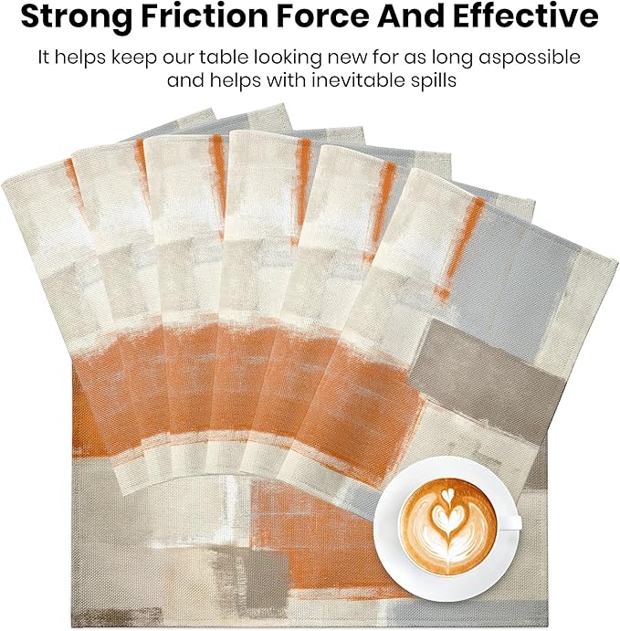 Modern Art Placemats for Dining Table Set of 6 Orange Abstract Painting Place Mats Washable Beige Linen Placemat for Kitchen Home Dinner Party Decor 18x12 Inches