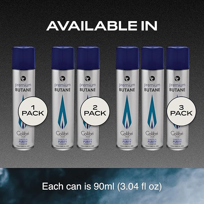 Colibri Premium Butane Fuel - Torch Replacement Canisters, 99.999% Pure Refill Fluid, 90ml (3.04fl oz) Cans, Pack of 2