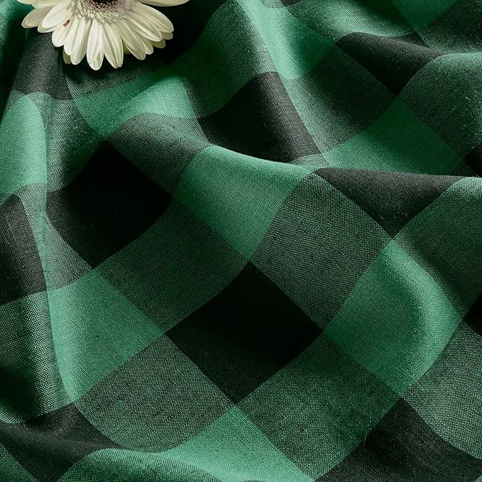 Solino Home Linen Checkered Table Runner 132 Inches Long - 100% Pure Linen Green and Black Buffalo Check Extra Long Table Runner 14 x 132 Inch Ideal for Dining, Winter