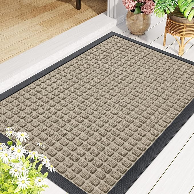 Smiry Front Door Mat Outside Entrance, Heavy Duty Natural Rubber Doormat, Non Slip, Trap Dirt and Moisture, Easy Clean, Low Profile Welcome Floor Mats for Indoor Outdoor Entry, 70x46.5 Inch, Beige