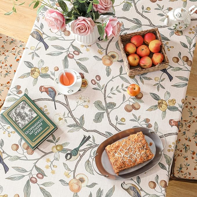 Linen Table Cloth Rectangle,Wrinkle Resistant French Pink Tablecloth Print with Froal,Decor Stitch Table Cloth for Thanksgiving,Dining Room,Home,Kitchen 67" × 118"-Dewey A