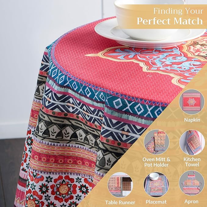 Maison d' Hermine Table Cloth Round Table 100% Cotton 63 Inches Fall Tablecloth Reusable Everyday Use for Thanksgiving Christmas Decorations Dining Farmhouse Party (Ispahan)