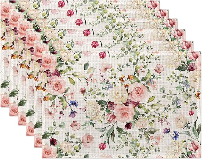 Spring Flower Placemats Set of 6,Pink White Rose Eucalyptus Leave,Waterproof Non-Slip Washable Table Mats Set for Kitchen Dining Holiday Party Wedding Decor 12x18 Inch