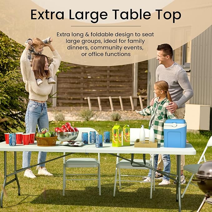 8 Feet Foldable Table with Built in Handle & Steel Legs | Heavy Duty Portable | Perfect for Party, Dining, Wedding, Events, Picnic Indoor, Outdoor, Camping, Utility, Temporary