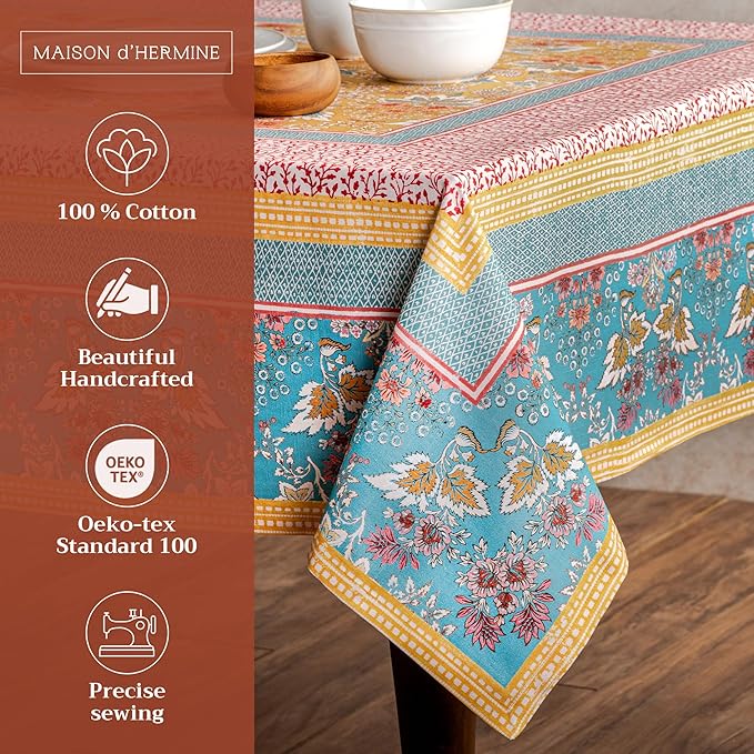 Maison d' Hermine Table Cloth Rectangle Table 100% Cotton 70 x 140 Inches Tablecloth Reusable Decorative Everyday Use for Dining Room, Farmhouse, Home Party, Festive & Wedding Spring Summer - Marquise