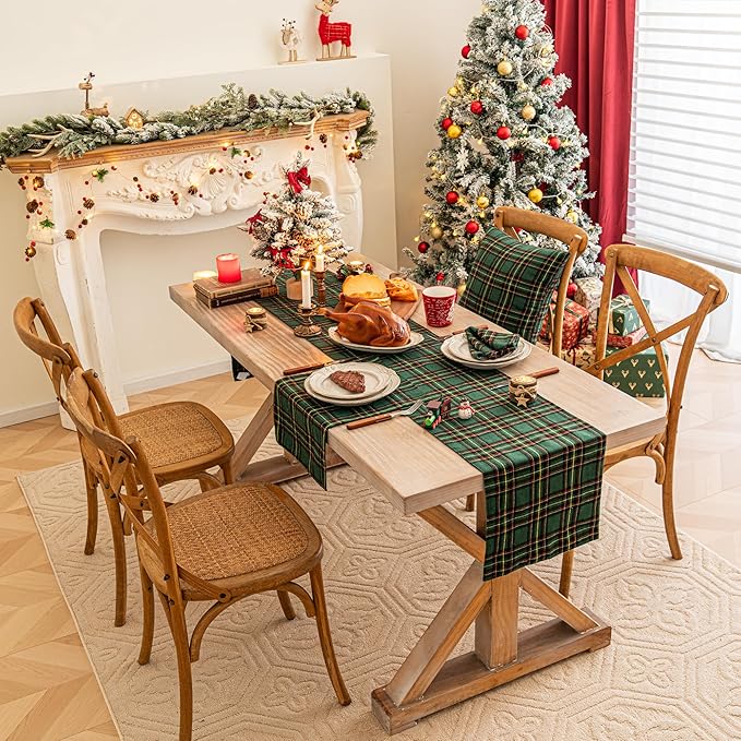 Green Yellow Plaid Christmas Table Runner, Winter Holiday Table Runners 72 inches Long Xmas Decorations Indoor Outdoor Farmhouse Home Kitchen Dining Party Decor