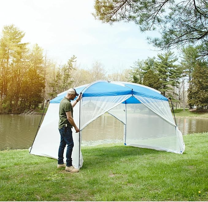 Ozark Trail 13x9 Screen House Tent, Blue, Mesh Panels for Insect Protection, Dual Zipper Doors, PE Splash Guard, Steel and Fiberglass Frame, Color Coded Poles, Carry Bag Included, Outdoor Use
