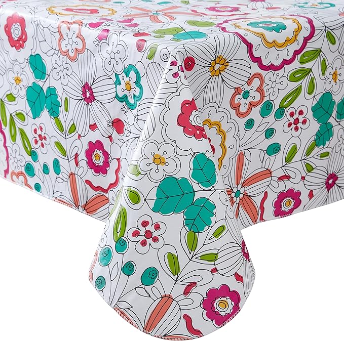 Newbridge Shabby Chic Lily Print 60 x 84 Inch Rectangle Vinyl Flannel Backed Tablecloth, Pink Yellow and Green Lily Indoor and Outdoor Waterproof Vinyl Table Cover for Spring Holiday Party