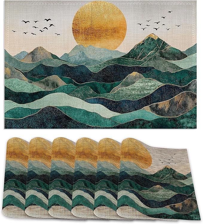 Sunrise Placemats Set of 6,Golden Mountains Placemats Washable Kitchen Dining Linen Table Mats Stain Heat-Resistant for Home Party Indoor 12x18 inch