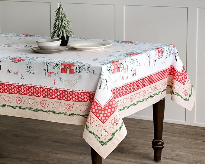 Maison d' Hermine Table Cloth Square Table 100% Cotton 54 x 54 Inches Fall Tablecloth Reusable Everyday Use for Thanksgiving Christmas Decorations Dining Farmhouse Party (Rural Christmas)