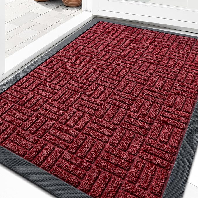 OLANLY Front Door Mat Outside Entrance 29.5x17, Absorbent, Heavy Duty Sturdy Natural Rubber Doormat Indoor Outdoor, Non-Slip, Stain and Fade Resistant, Low Profile Floor Mat for Entryway, Black Red