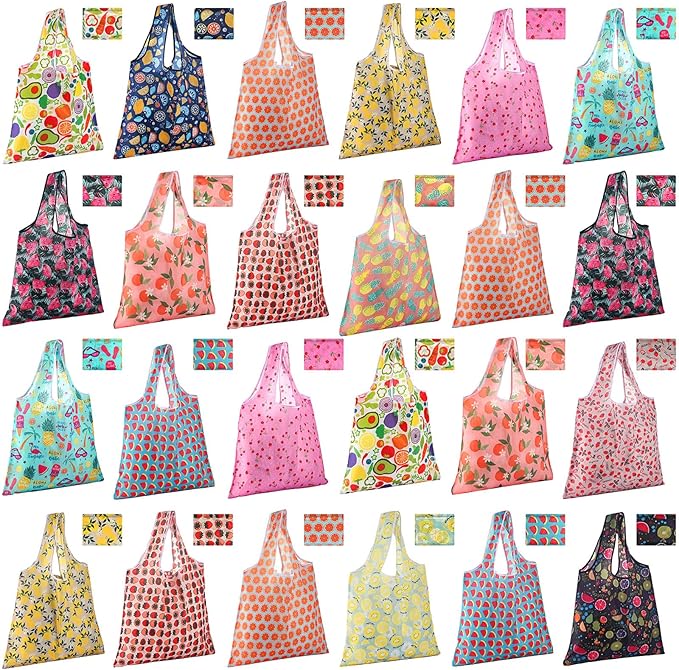 Eccliy 24 Pieces Reusable Grocery Bags Polyester Shopping Bags for Groceries Multi Colors Reusable Foldable Shopping Tote (Fruits Style)