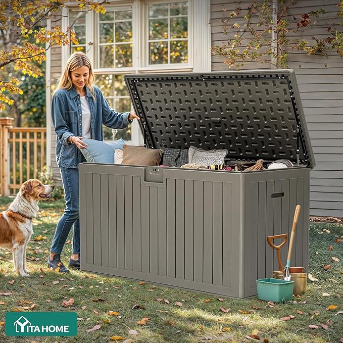 YITAHOME 200 Gallon Extra Large Deck Box, Double-Wall Resin Outdoor Storage Box with Flexible Divider for Patio Cushions Pool Supplies Garden Tools, 990 lbs Load Capacity, Lockable (Light Brown)