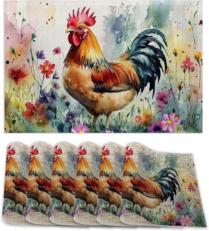 6 Pcs Placemats,Chicken Placemat,Flower Field Table Mats Washable Recyclable Table Placemats for Indoor Outdoor Heat Resistant Kitchen Dining 12"x18"