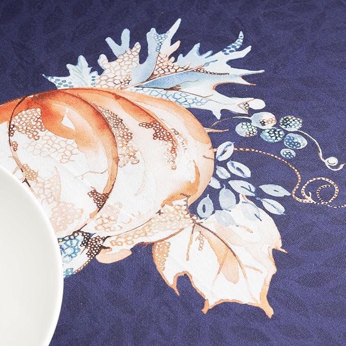 Maison d' Hermine Table Cloth Round Table 100% Cotton 69 Inches Fall Tablecloth Reusable Everyday Use for Thanksgiving Christmas Decorations Dining Farmhouse Party (Pumpkin Blues)