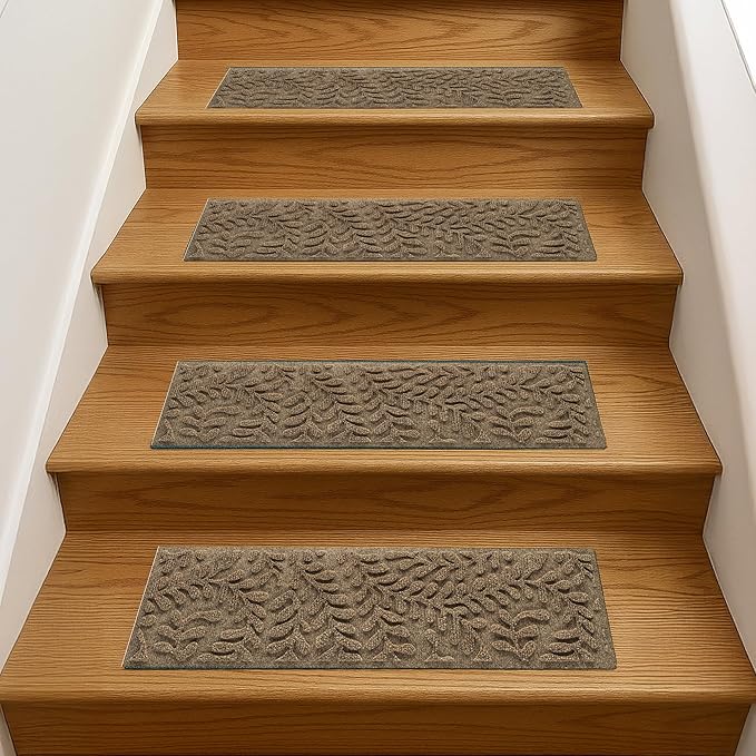 Bungalow Flooring Waterhog Stair Treads (Set of 4) – 8 1/2 x 30 Inches, Durable,Water-Trapping, Indoor/Outdoor Floor Covering, Boxwood Collection – Made in USA, Khaki/Camel