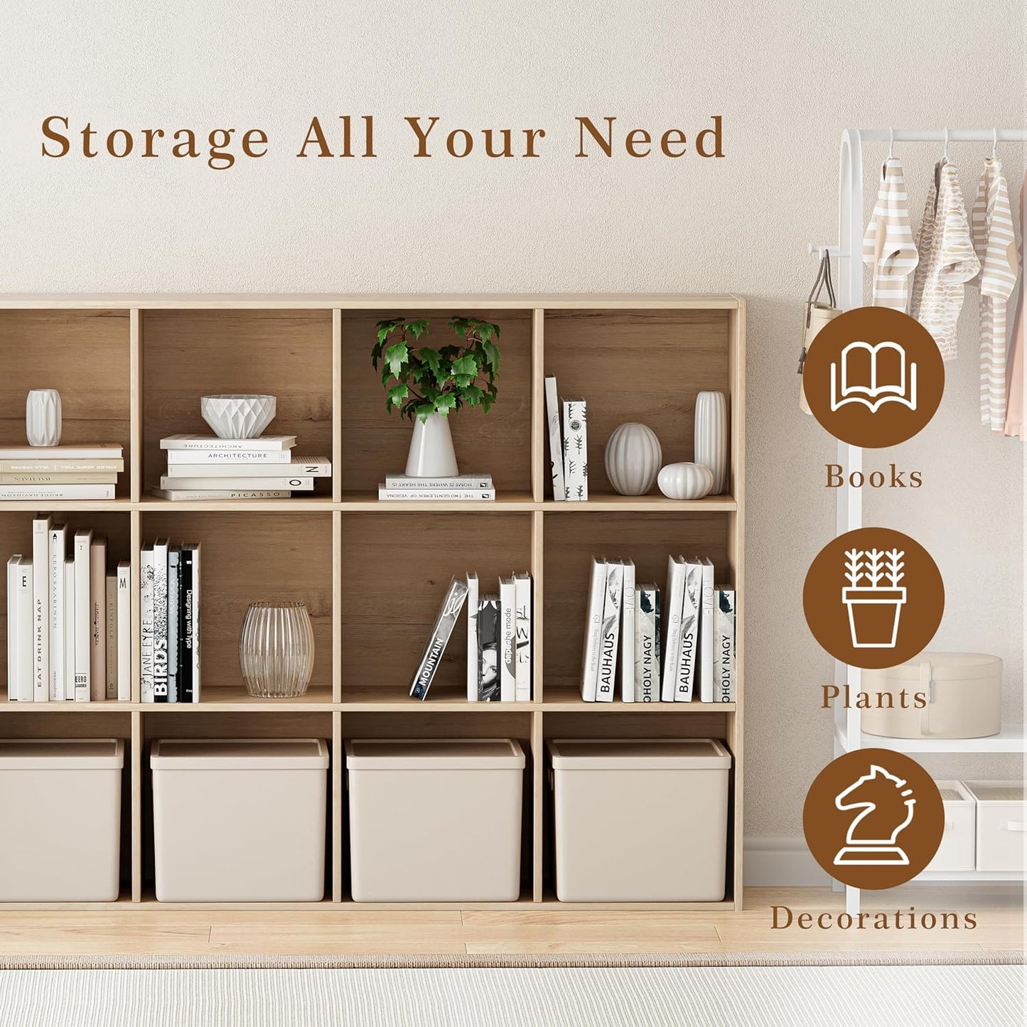 Wooden Cube Storage Organizer with Closed Back Panel, 11in Cube Shelf Opening, Bookshelf, Display Shelf,Closet Cabinet for Home and Office (White Oak, 12-Cube 35.98L*9.45W*47.72H)