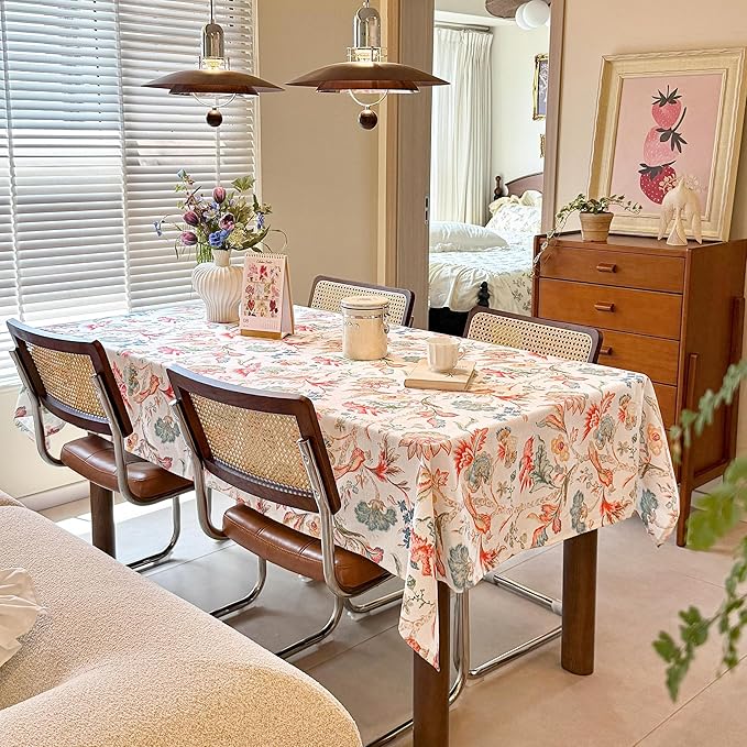 Rectangle Tablecloth, Linen Textured Wrinkle Free Waterproof Table Cloth, Flowers and Birds Fabric Table Cover for Outdoor, Farmhouse, Dining, Kitchen - Spring/Summer, 60 x 120 Inch