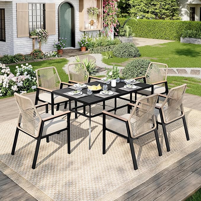 Outdoor Patio Dining Table for 6, 60" x 35" Rectangular Metal Patio Dining Table with Umbrella Hole for Garden, All Weather Wrought Iron Black Outdoor Table for Backyard and Porch