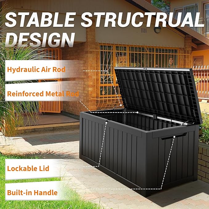 NUNU LAB 230 Gallon Outdoor Storage Box, Large Resin Deck Box with Lockable Lid, Waterproof & UV-Resistant Patio Storage Bin for Garden Tools, Pool Accessories & Furniture, Black