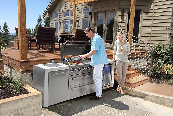 Mont Alpi 805 MAi805-DFC 115000 BTU Stainless Steel Deluxe Modular Outdoor Kitchen Island BBQ Grill with Fridge Cabinet + Infrared Rear & Side Burner + Granite Countertops + Rotisserie Kit & Cover