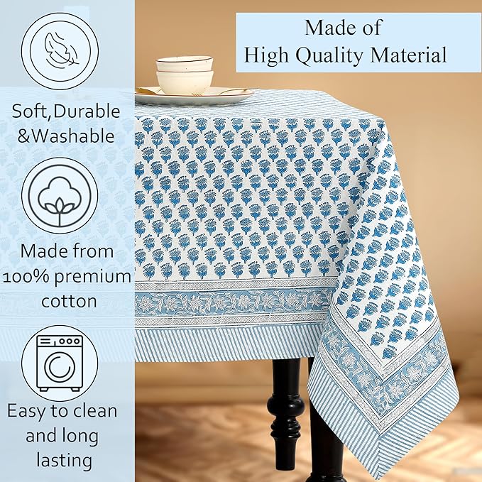 CPC Apatite Blue Floral Hand Block Printed 100% Cotton Tablecloth 60x120 Rectangular Reusable and Washable Boho Dining Table Cloth Thanksgiving