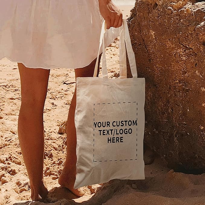 DISCOUNT PROMOS Custom Cotton Canvas Tote Bags Set of 100, Personalized Bulk Pack - Reusable, Great for Shopping, Grocery, Beach, Picnic, Wedding Favors - Natural