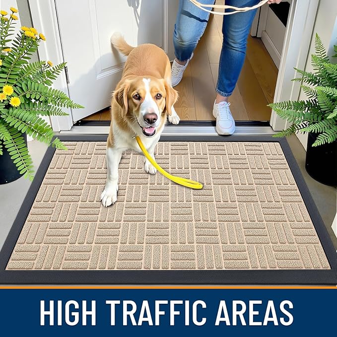 OLANLY Front Door Mat Outside Entrance 59x23, Absorbent, Heavy Duty Sturdy Natural Rubber Doormat Indoor Outdoor, Non-Slip, Stain and Fade Resistant, Low Profile Floor Mat for Entryway, Latte White