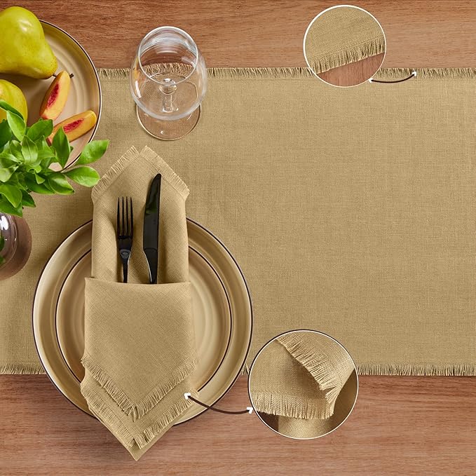 Solino Home Fringe Linen Table Runner 90 Inches Long - 100% Pure Linen Kelp Dining Table Runner 14 x 90 Inch for Spring - Handcrafted and Machine Washable