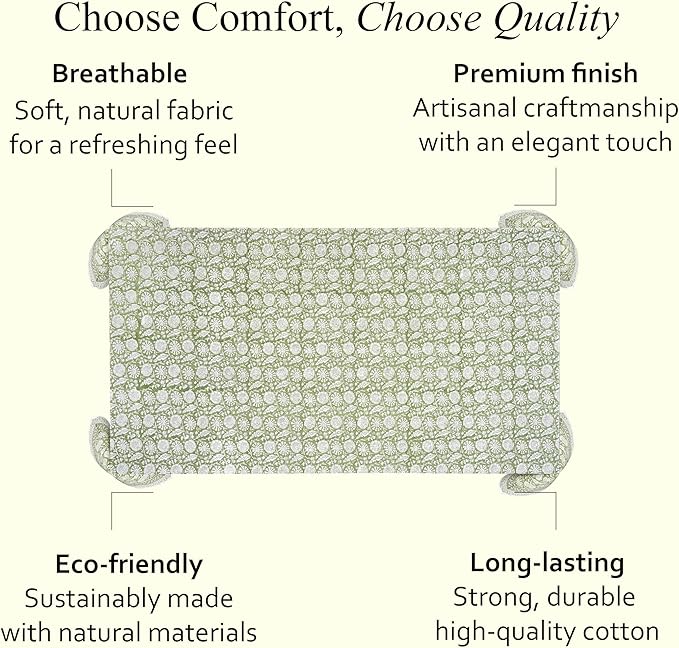 CPC Olive Bloom Tablecloth 100% Cotton 70x118 Inch Indian Block Print Rectangle Table Cover, Table Cloth for Gifting in Weddings, Halloween, Fall, Christmas, Thanksgiving