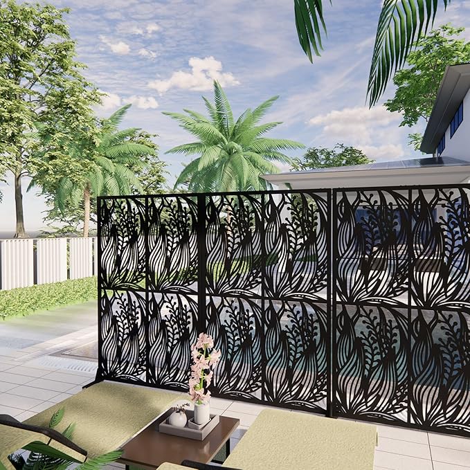 Metal Privacy Screen Room Divider 72" H x 45.3" W, Free Standing Decorative Panel with Bird Design for Indoor Outdoor Use, Black Iron Partition for Patio Balcony Garden (Leaf Black)