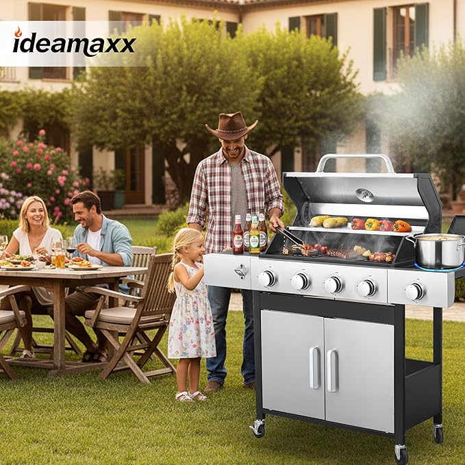 4-Burner Gas Grill, 46,790 BTU Outdoor BBQ Grill with Infrared Side Burner, Porcelain Cast Iron Grates & Stainless Steel Build for Fast Heating, Easy Clean (Backyard, Camping, Tailgating)