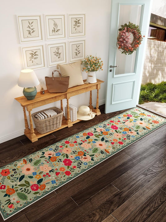 Rugcomf Runners for Hallways Kitchen Runner Rug Non Slip 2'x 10' Long Washable Rugs with Rubber Backing Soft Floral Carpet Runner for Hallways, Kitchen, Laundry, Bedroom, Bathroom(Green)